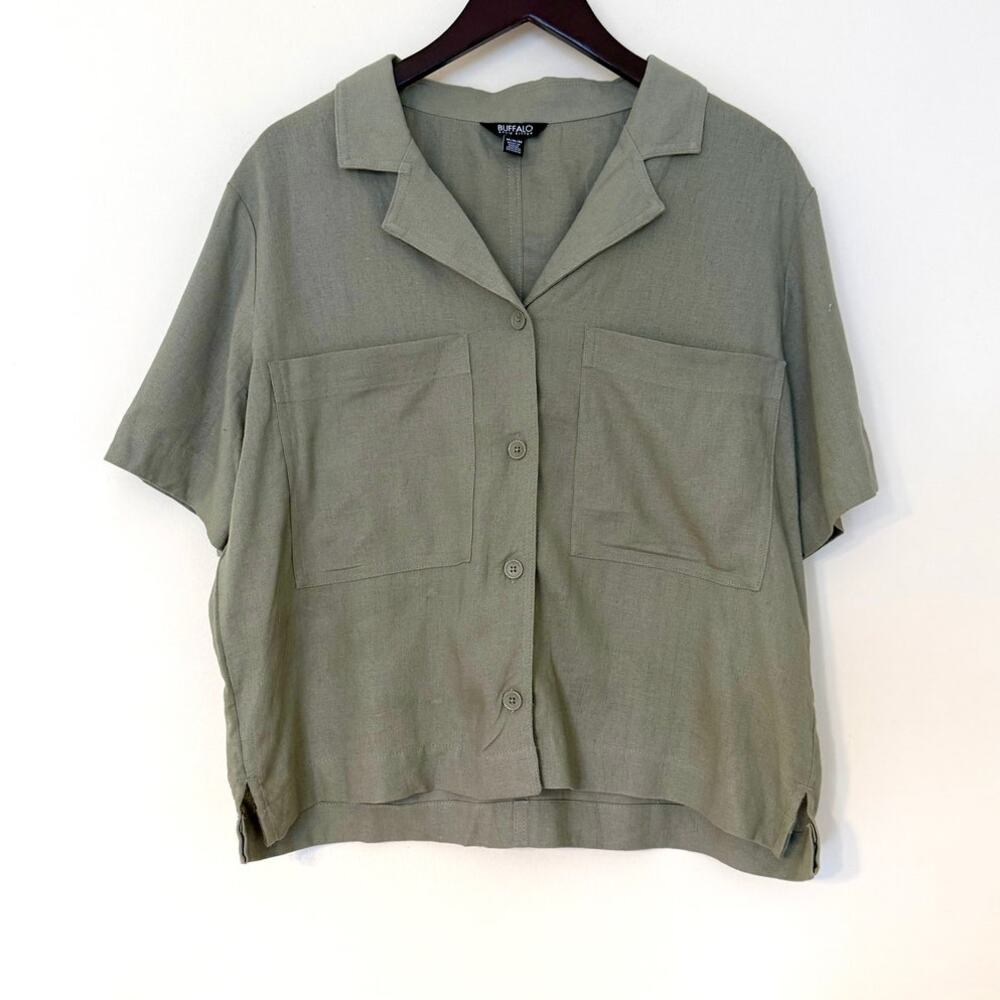 Buffalo David Bitton Linen Blend Utility Button Up Green Shirt